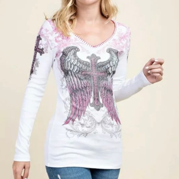 NWT VOCAL white L/S EMBELLISHED RIB THERMAL CROSS shirt embellished biker  SM-XL - Picture 5 of 6